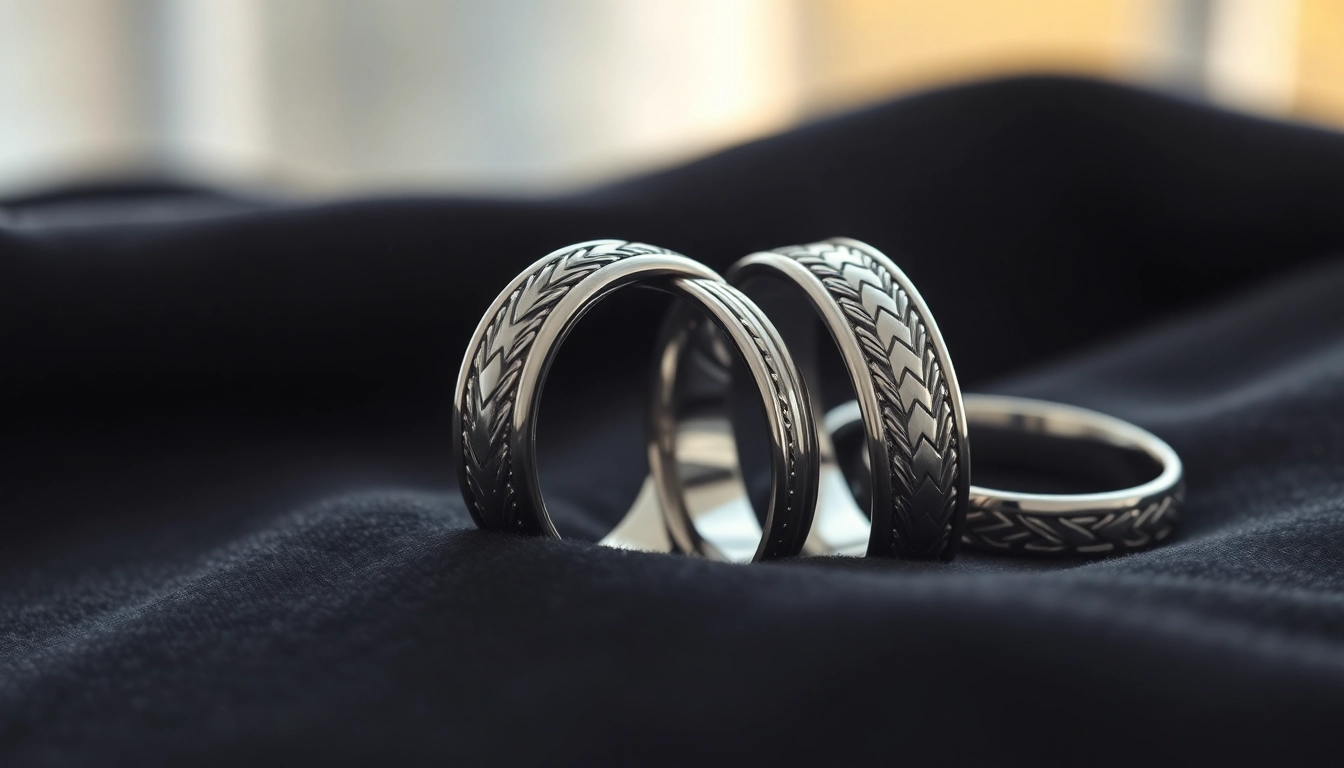 Showcasing stunning tungsten rings with intricate designs on dark velvet.