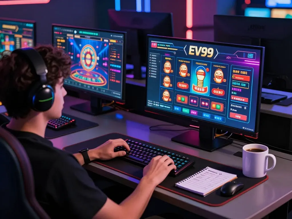 Enjoying ev99 bet through a dynamic online gaming interface at home with multiple screens
