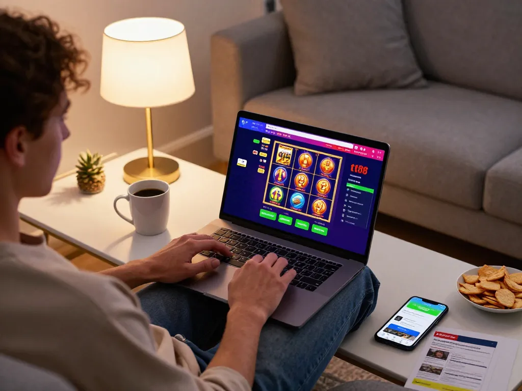 Engaging in online gaming at tt88 with a laptop displaying vibrant slots interface in a cozy setting.