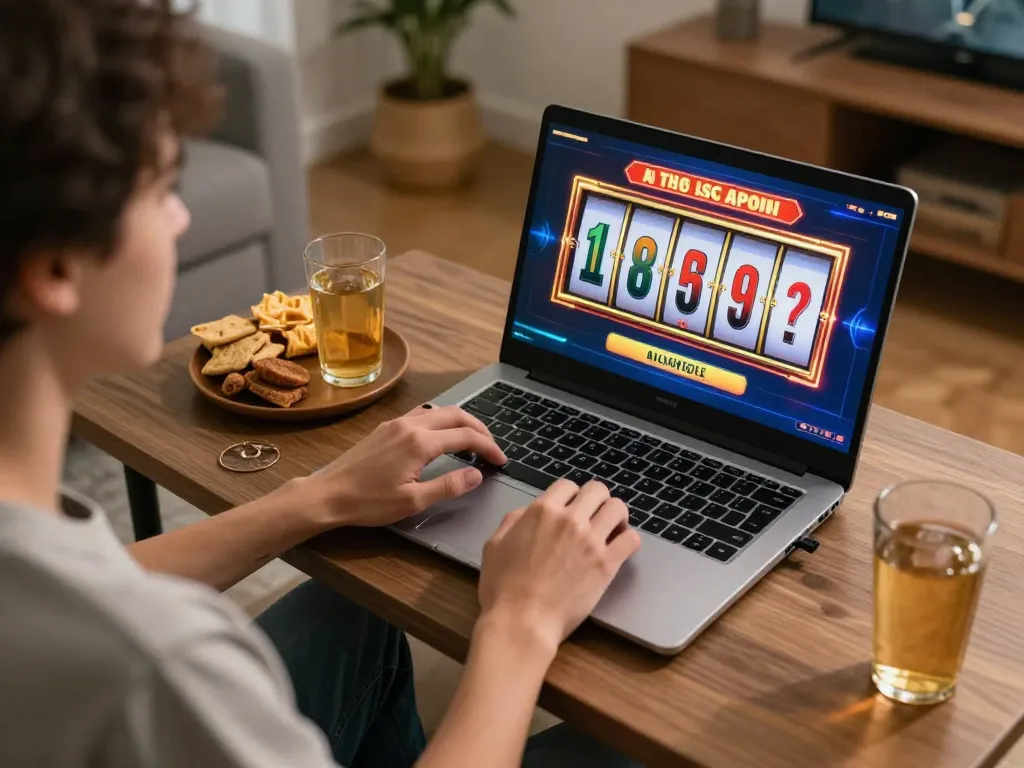 Engaging gameplay of slot online on laptop with vibrant reels and cozy atmosphere