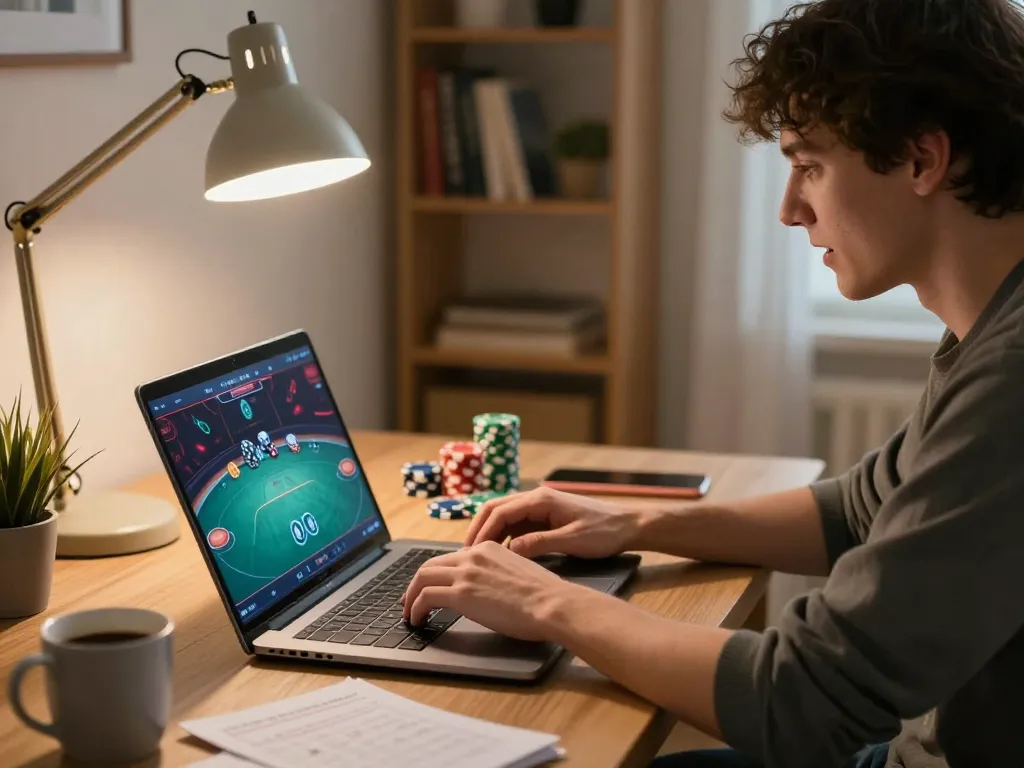 Engaging online poker gameplay on g28 com with stacked chips and focused player in home office