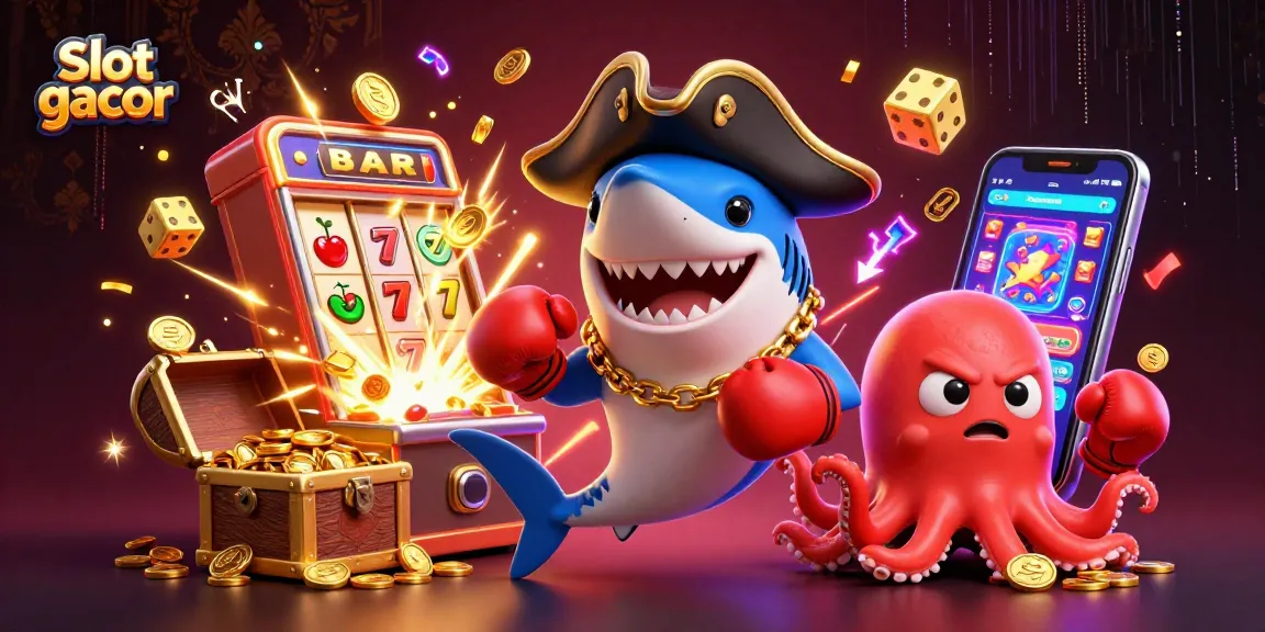 Experience the thrill of slot gacor with a dynamic scene of fun cartoon characters celebrating casino wins.