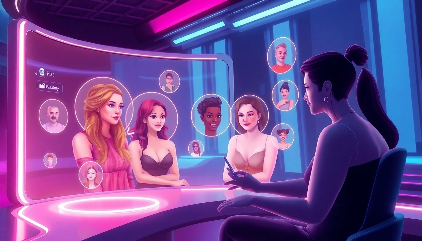 Experience engaging sex chat AI interactions with diverse virtual avatars in a futuristic environment.