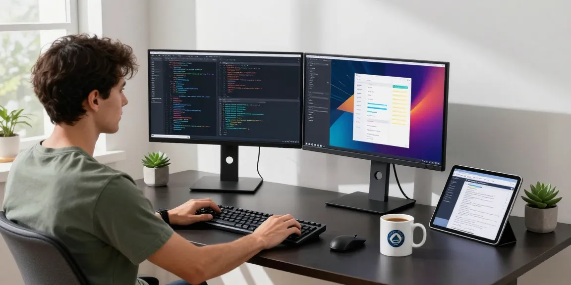 Software engineer coding at https://factors.org.uk workspace with modern tech setup and vibrant user interface designs.