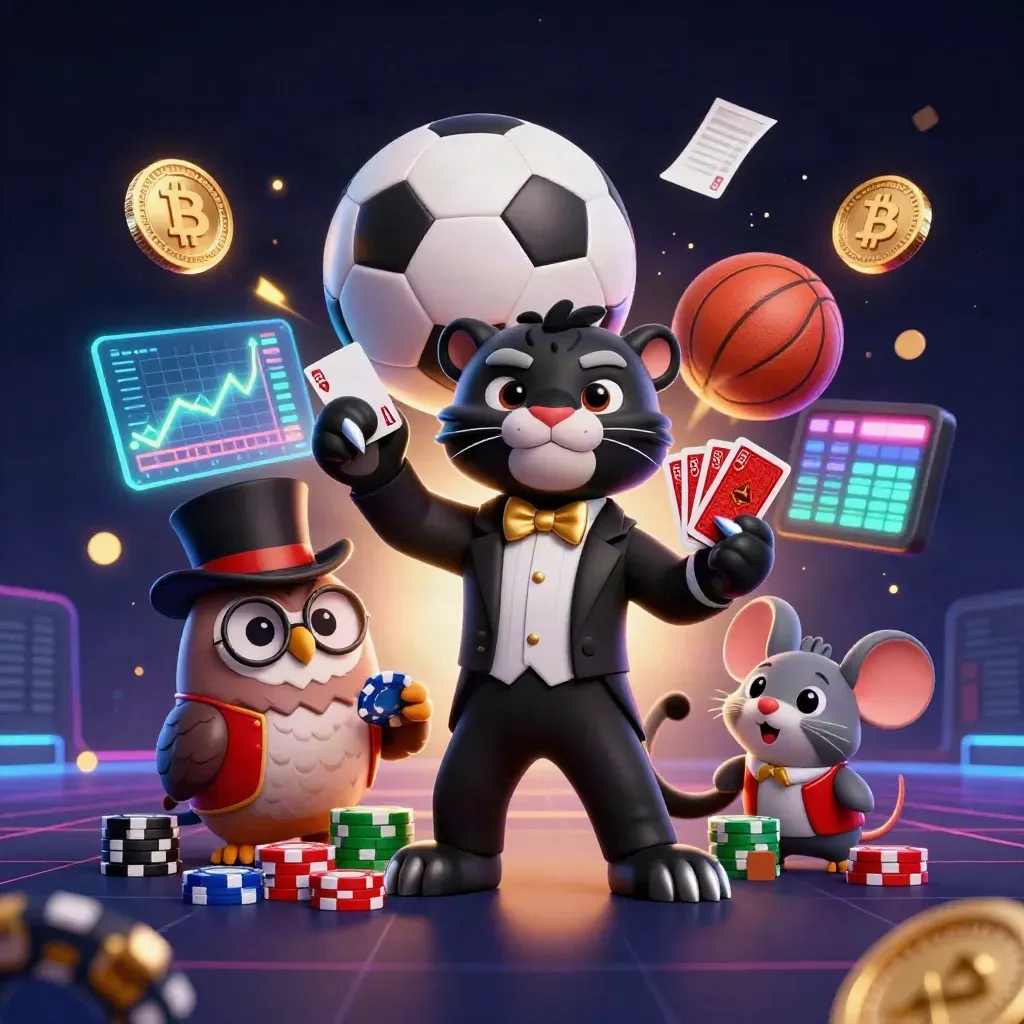Panther, owl, and mouse amid flying coins, sports balls, chips, and neon casino glow.