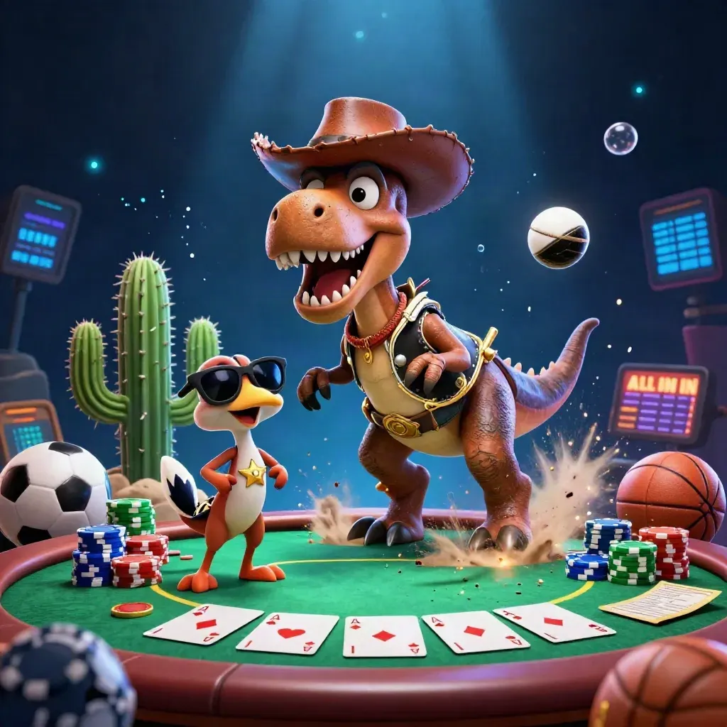 Cowboy T-Rex, cactus, and roadrunner amid casino chips, balls, and blue neon splash