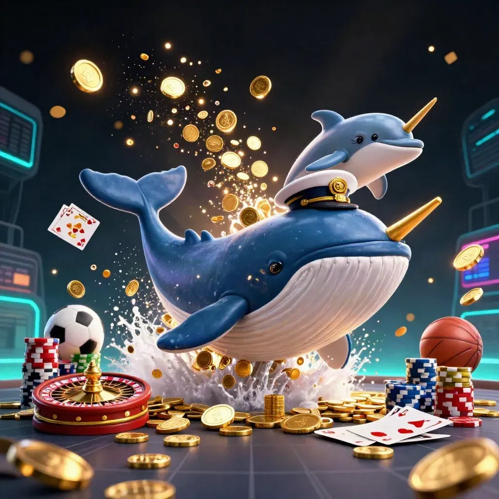 Whale, narwhal, and dolphins burst through coins, chips, gems, and neon casino light.