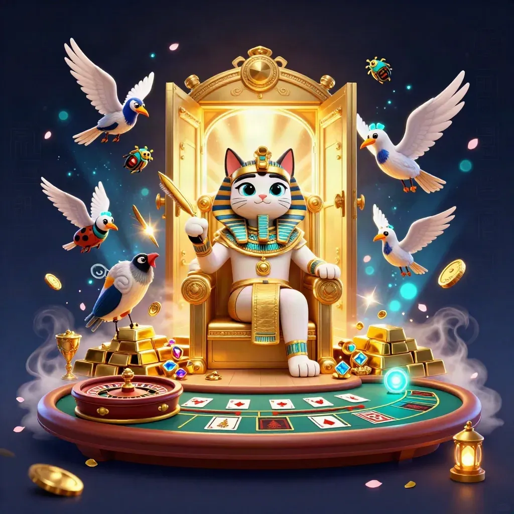 Pharaoh cat on throne with ibis scribe and gem-winged scarabs amid vault riches and casino glow