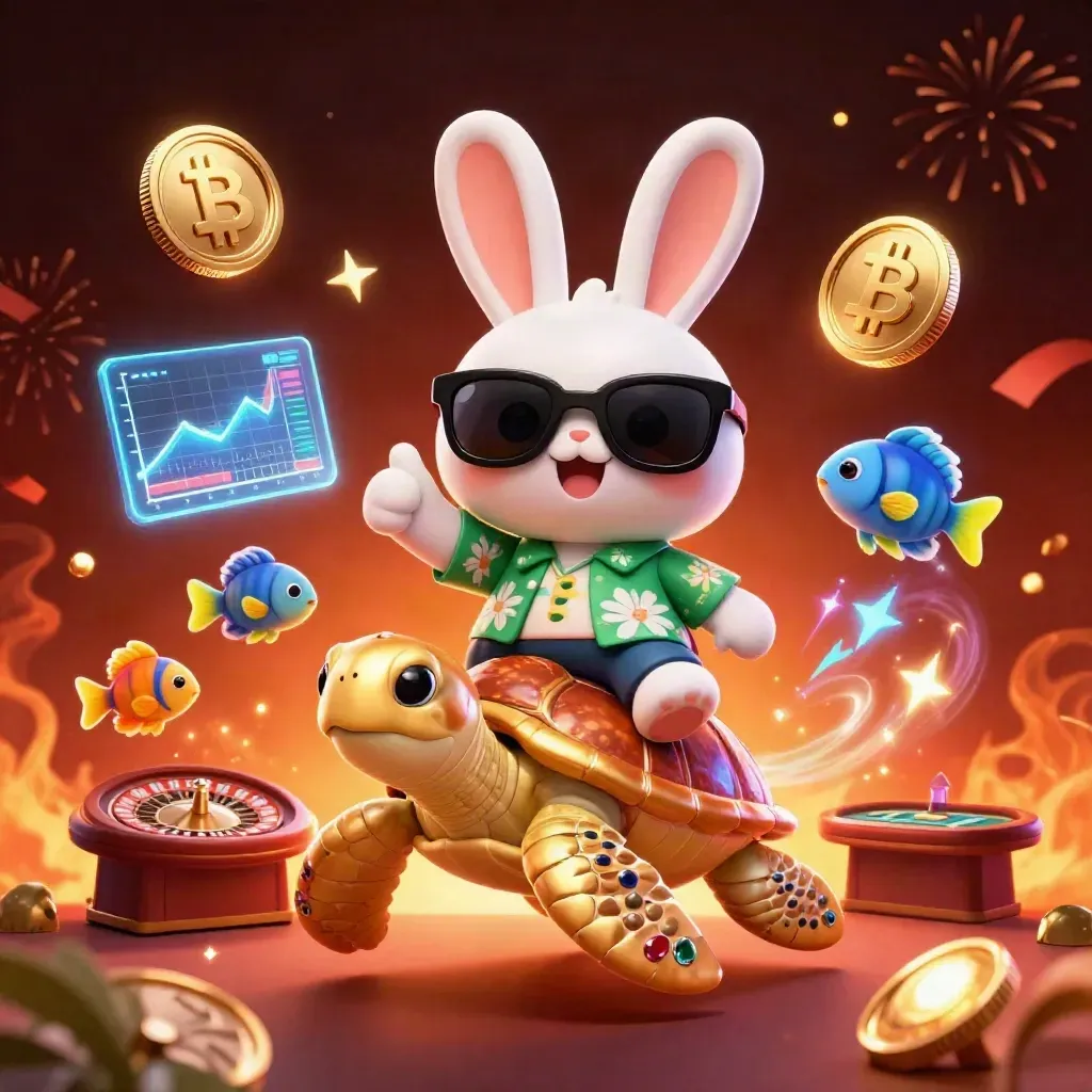 Lucky rabbit rides a gem turtle amid casino glow, coins, lightning, fireworks.