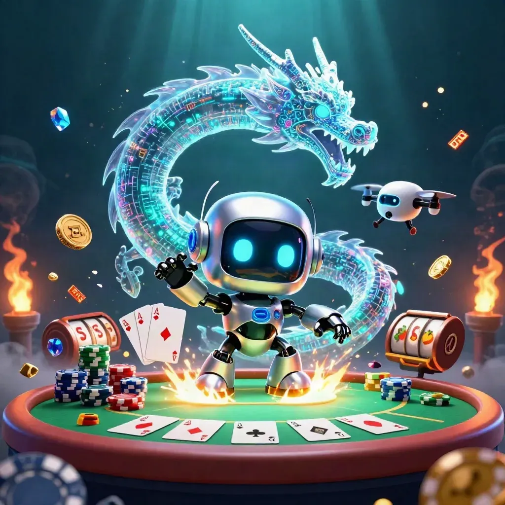 Cyberpunk robot, holographic dragon, and coin drone erupt around a poker table in blue neon glow