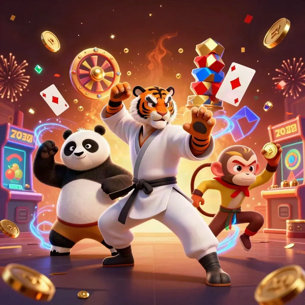 Tiger, panda, and monkey casino heroes amid coins, gems, roulette, chips, and blue energy