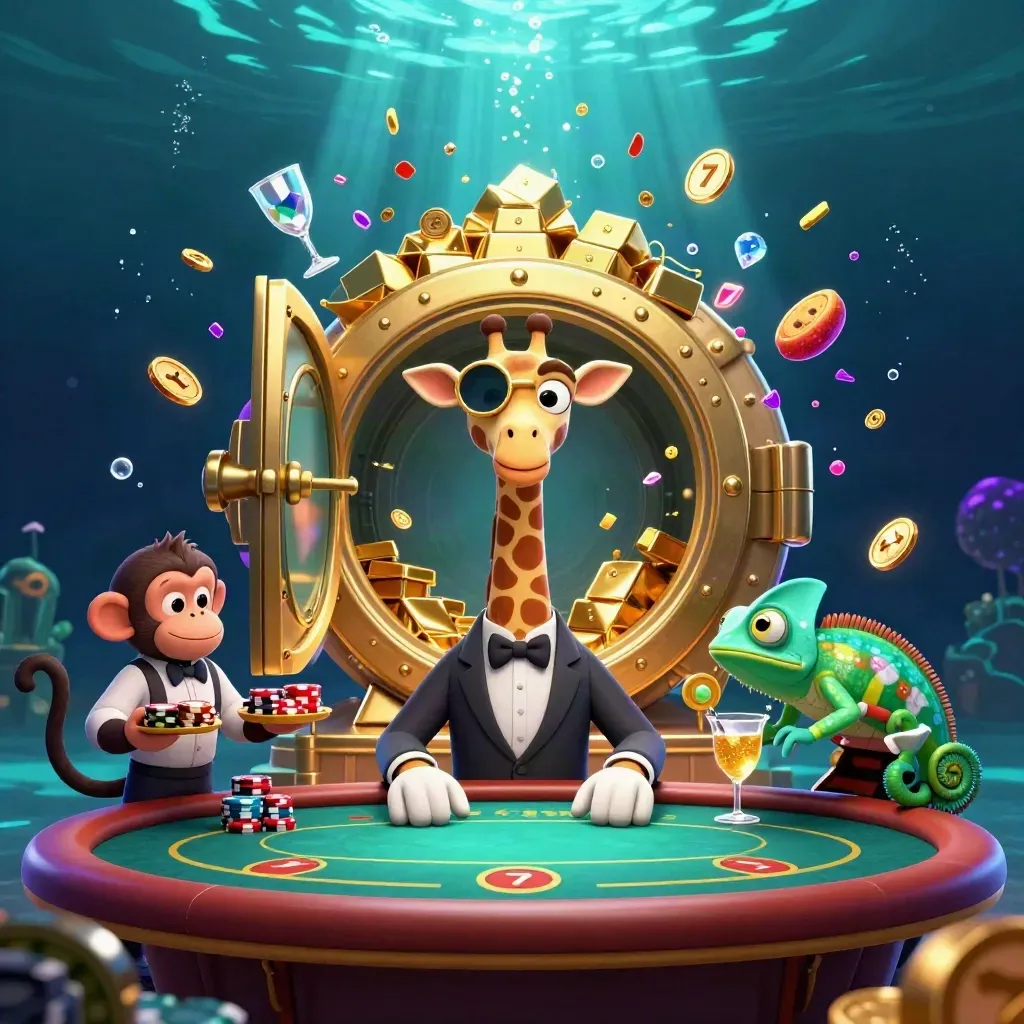Cartoon giraffe, monkey valet, and chameleon bartender amid vault gold, gems, and electric-blue casino glow.