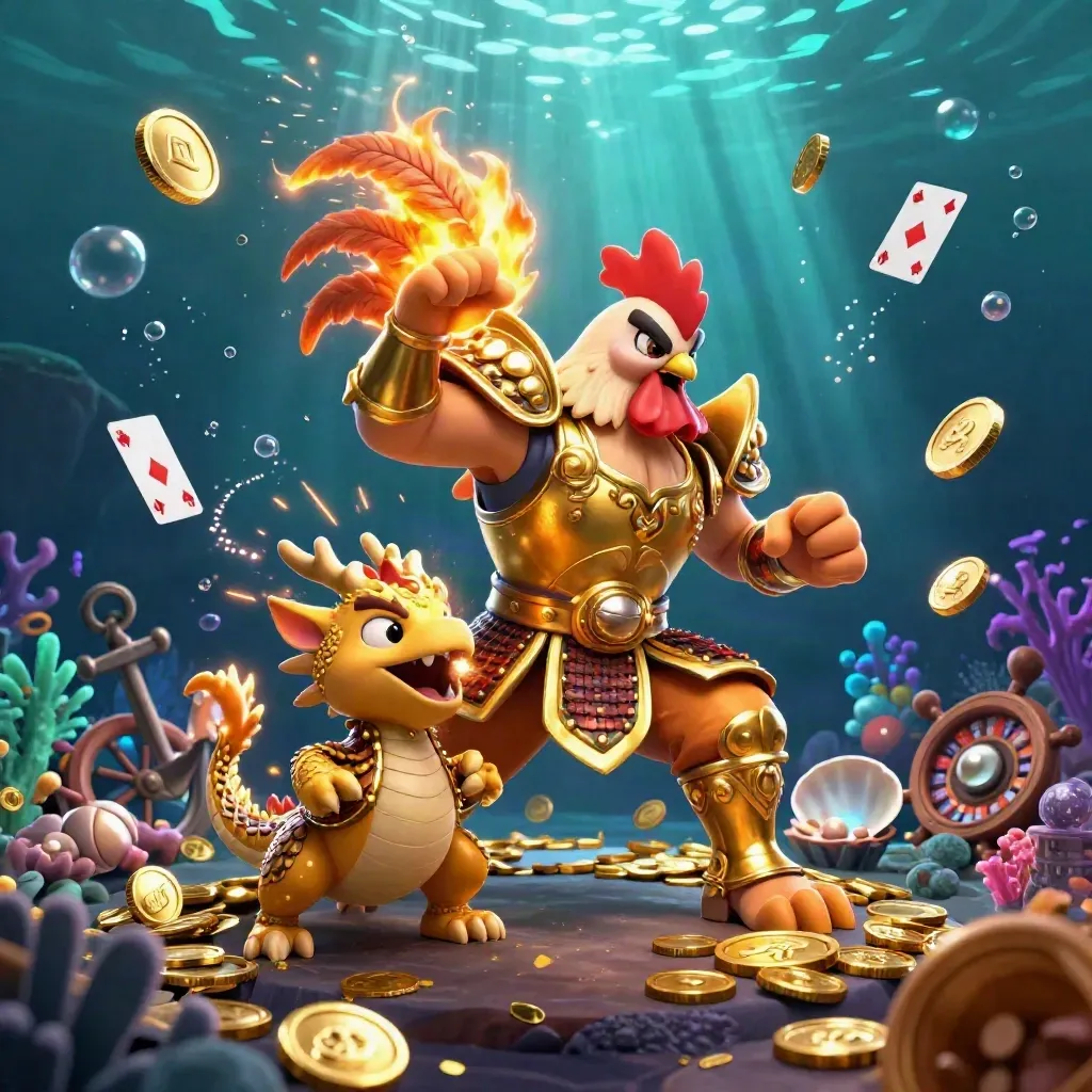 Rooster samurai, dragon hatchling, and fortune-cat amid underwater gold coins and neon treasure.
