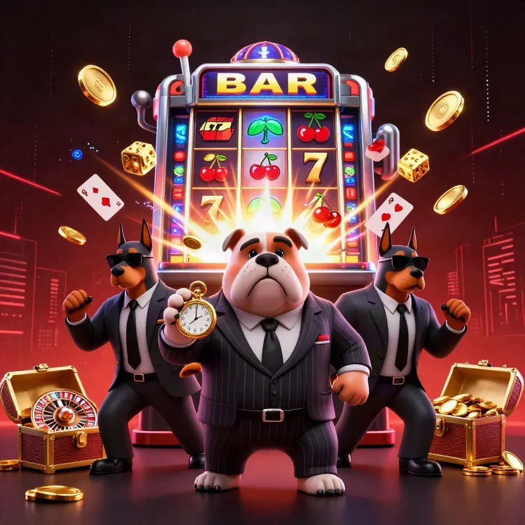 Bulldog mafia boss and Doberman guards amid exploding slots, coins, and neon casino energy.