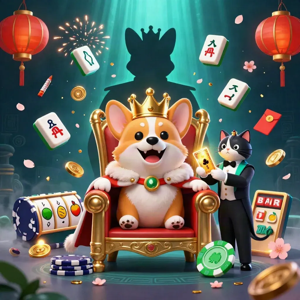 Royal corgi and cat butler on poker-chip throne amid mahjong, lanterns, coins, and rune glow.