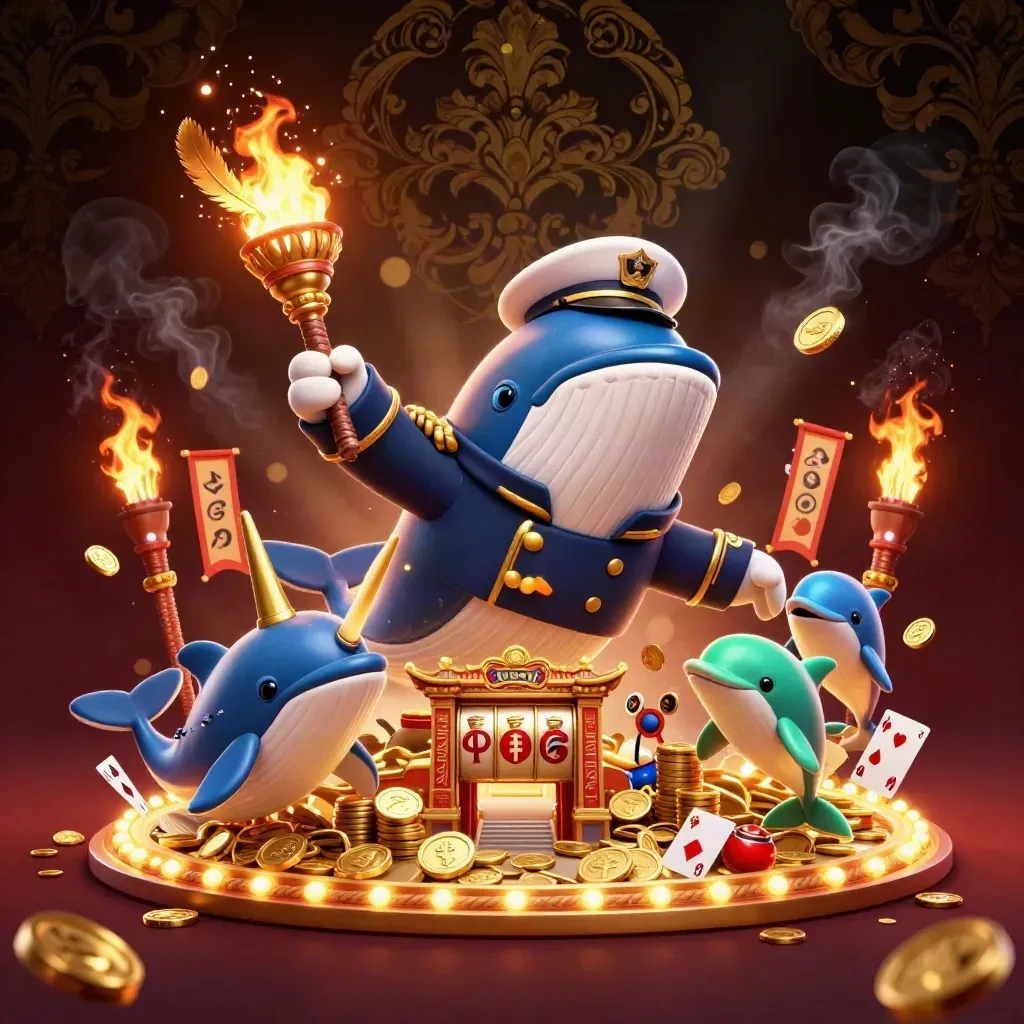 Whale captain, narwhal, and dolphins burst through coins under neon casino lights.