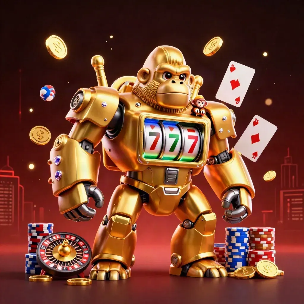 Golden gorilla mech with monkey pilot amid casino chips, coins, cards, and roulette glow