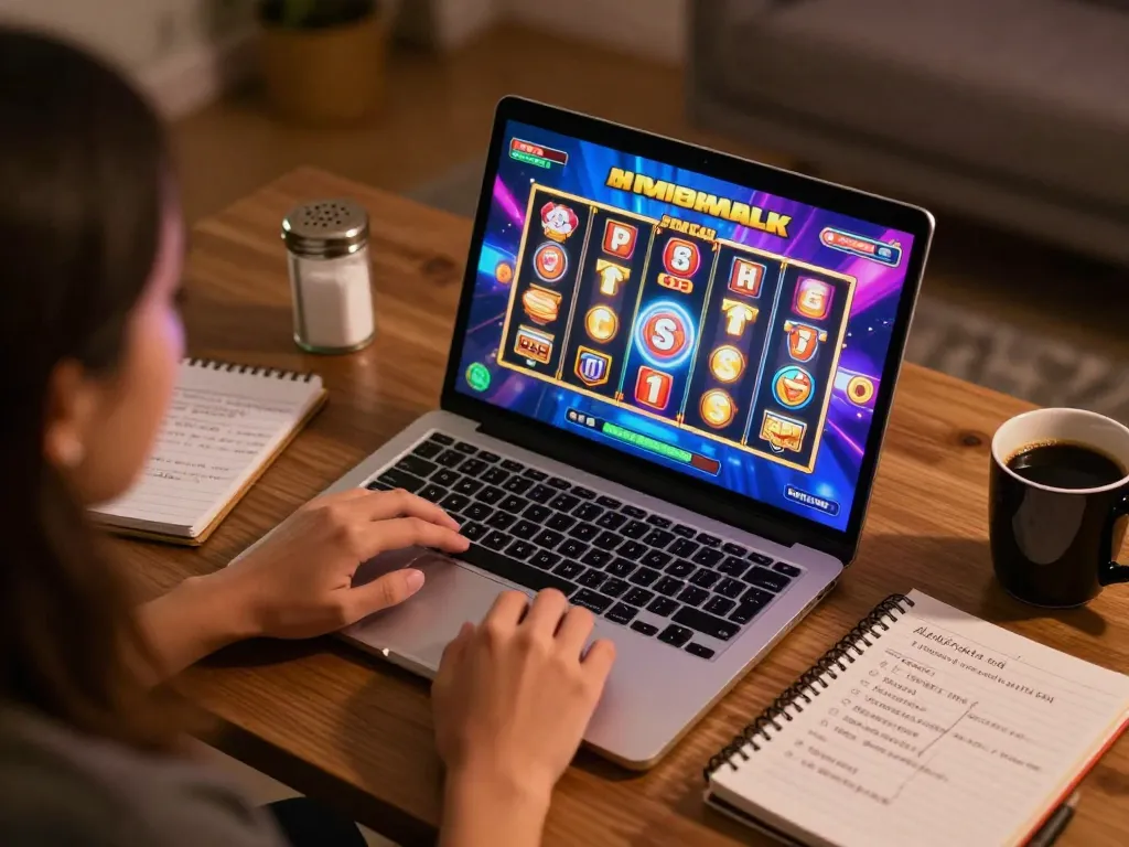 Engaging online player enjoying slot gacor gameplay on a laptop at home, showcasing colorful gaming interface.