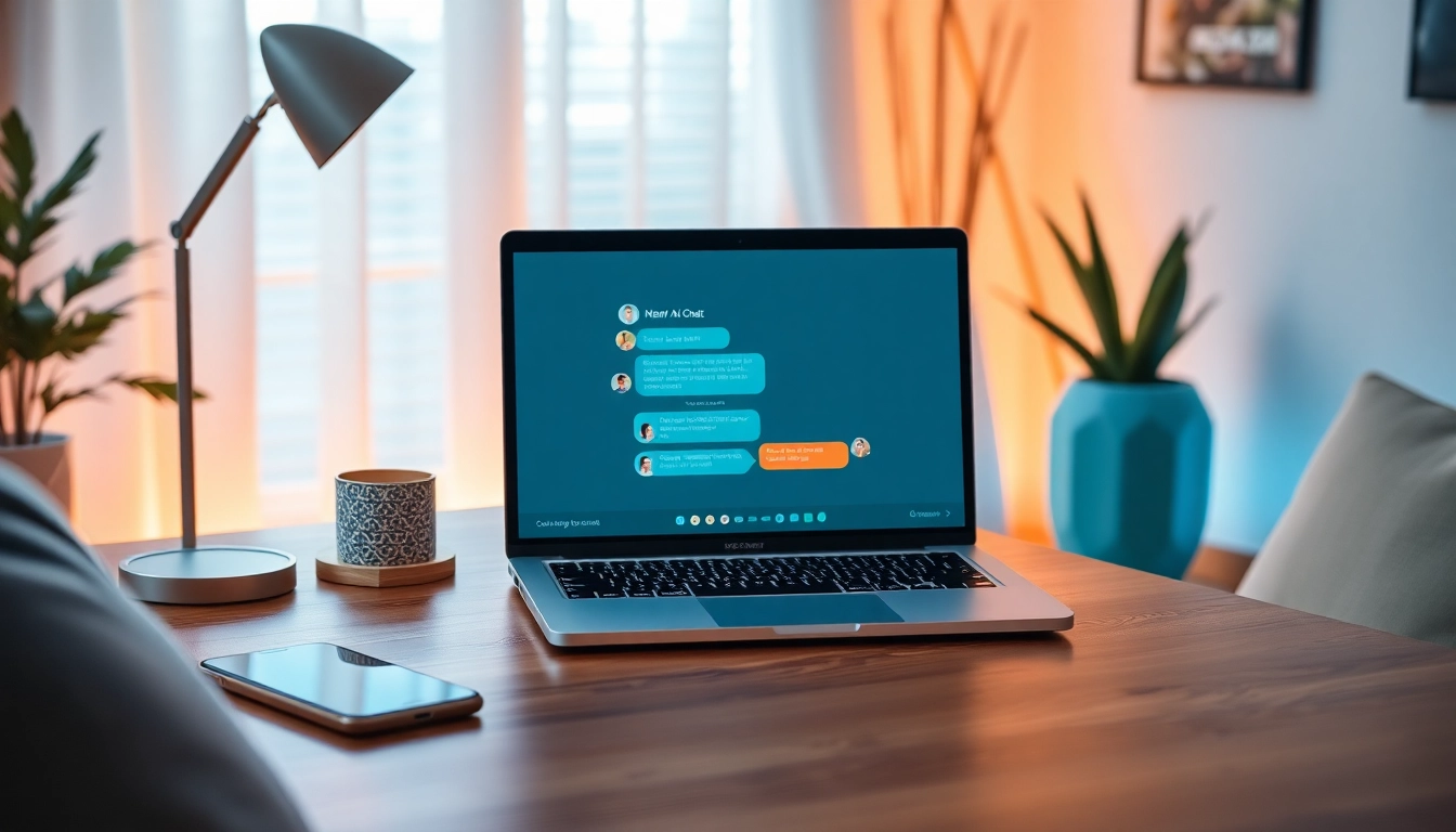 Engaging home office scene featuring NSFW AI chat interaction on a modern laptop.