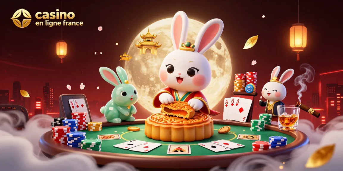 Illustration dynamique de casino en ligne France avec un lapin de lune et des jetons de poker.