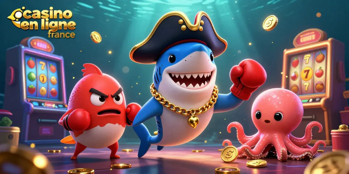 Illustration dynamique de casino en ligne France avec requin, poisson globe, et pieuvre, entourés de machines à sous et de pièces d'or.
