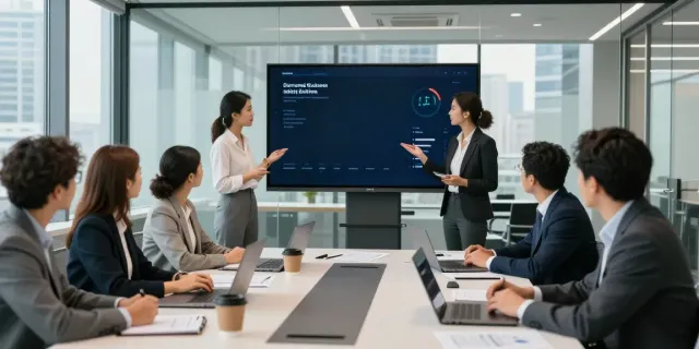 Team collaborating on distressed business advisory solutions in a modern office.