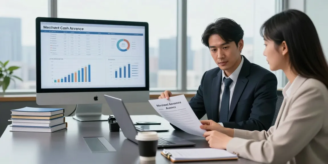 Business consultant discussing merchant cash advance uk options with small business owner in a bright office.