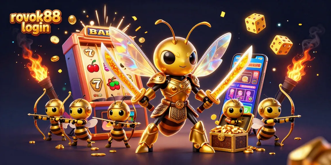 Experience the excitement of rokok88 login with a lively scene featuring a golden hornet samurai, jackpot slots, and thrilling casino elements.