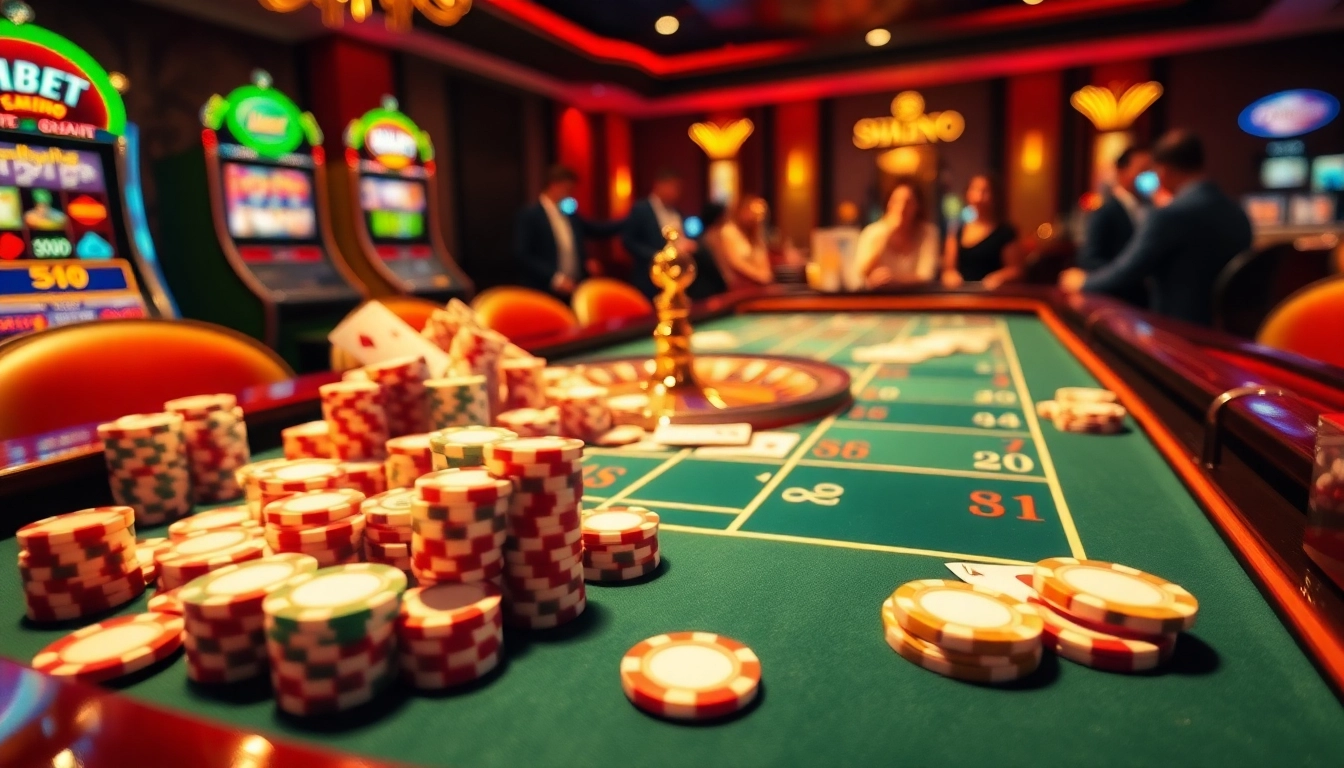 SHBET casino showcasing vibrant gameplay with poker chips, cards, and roulette wheel.