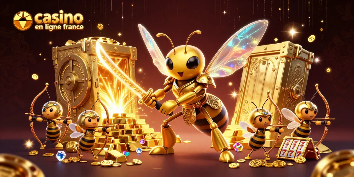 Joue à casino en ligne France avec un hornet samouraï entouré de trésors et de rouleaux de machines à sous.