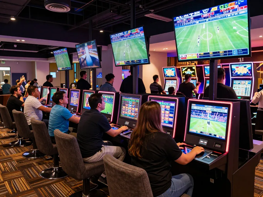 Engaged sports bettors placing wagers using sh bet at a lively casino