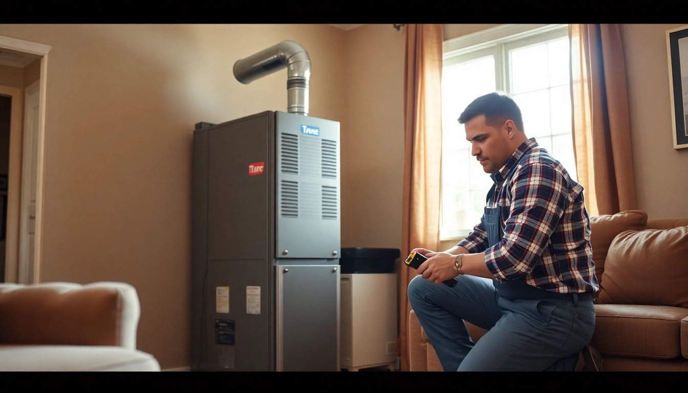 Trane furnace dealer technician expertly installs a furnace in a cozy home setting.