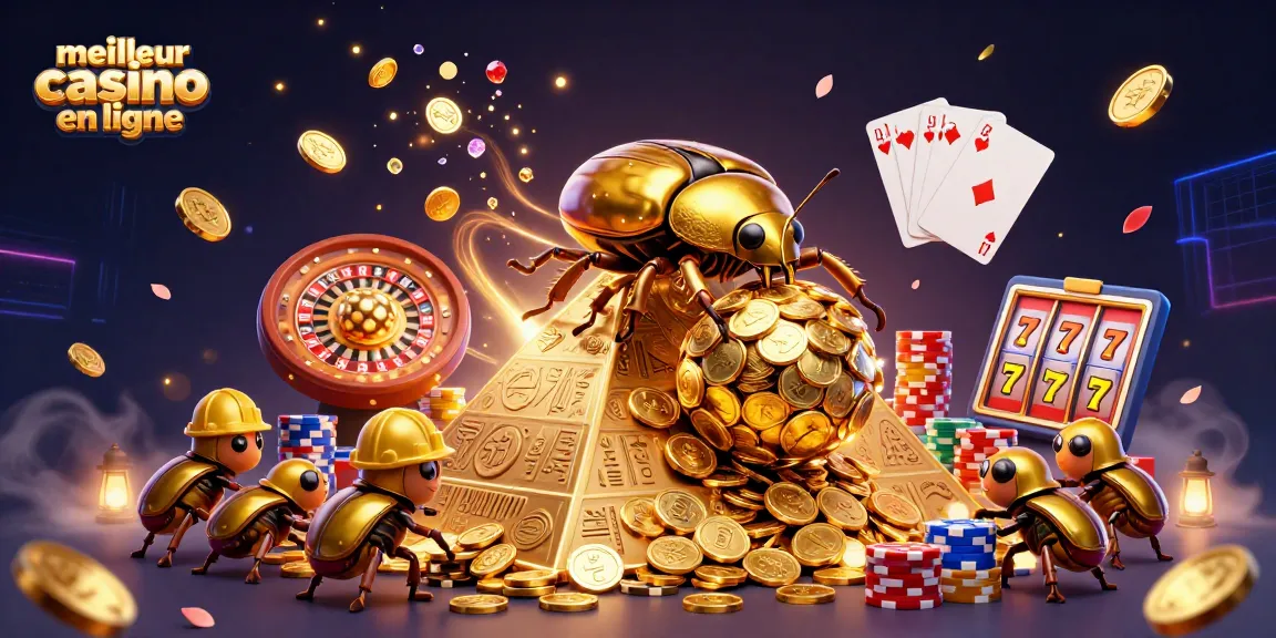 Illustration d'un meilleur casino en ligne avec un scarabée doré et des pièces de casino volantes.