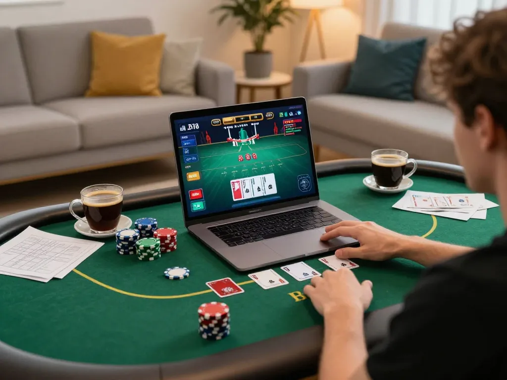 Player engaging in online poker gameplay on laptop at home, F168 strategy notes nearby.