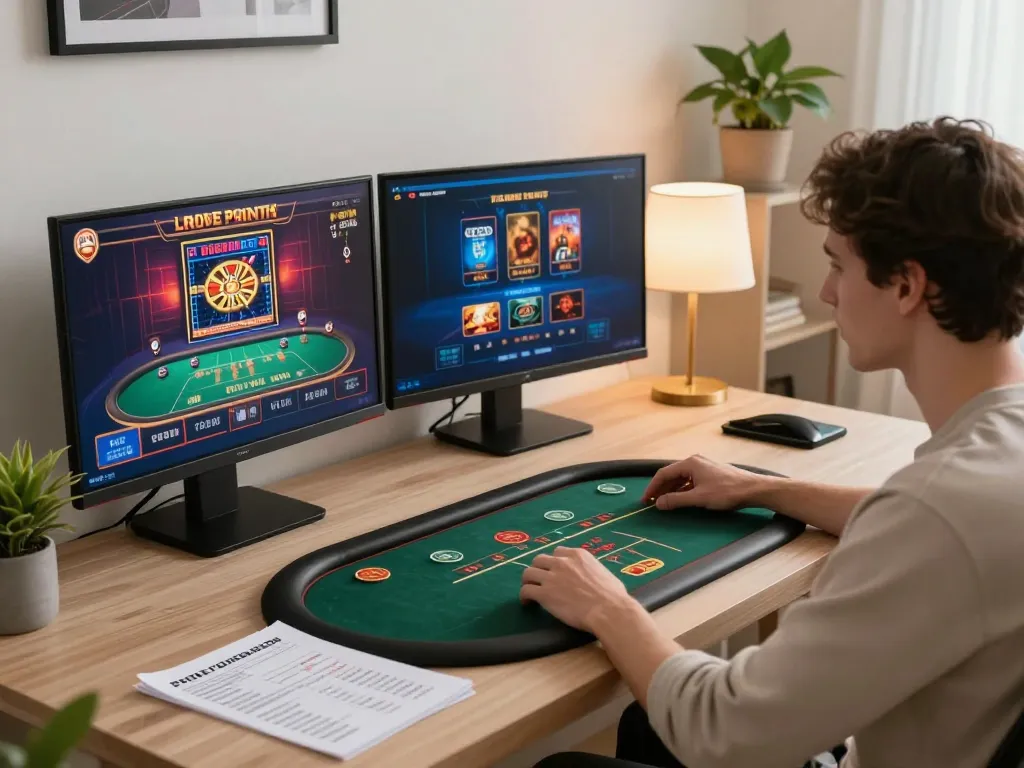Person engaged in online gambling strategy at a gaming setup featuring 8kbetbh