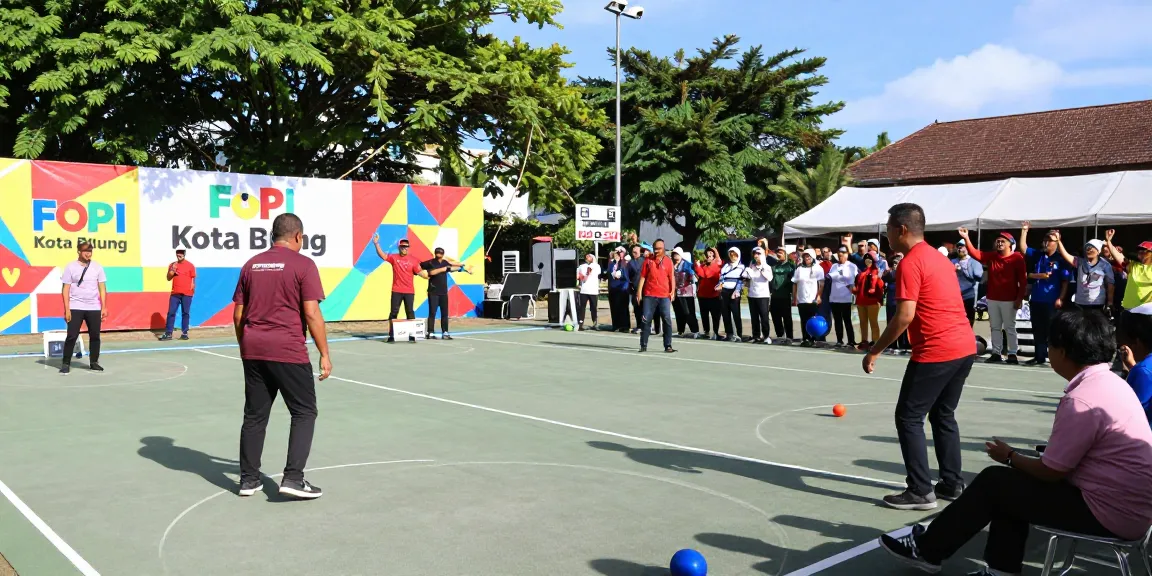 Pengunjung fopikotabitung.org sedang menikmati pertandingan petanque di lapangan luar ruangan, suasana meriah dan pertunjukan komunitas.