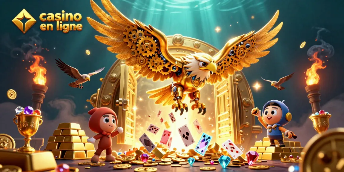 Découvrez les jeux de casino en ligne dans cette illustration dynamique représentant des aigles cybernétiques.
