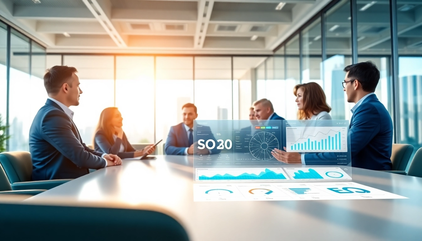 Improve SEO performance with a professional team analyzing strategies in a modern workspace.