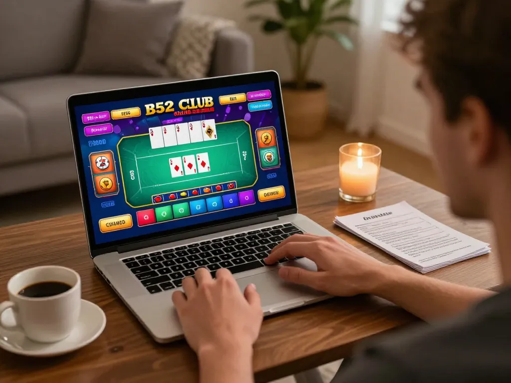 B52 Club online gaming session at home where a player engages in strategic poker play.