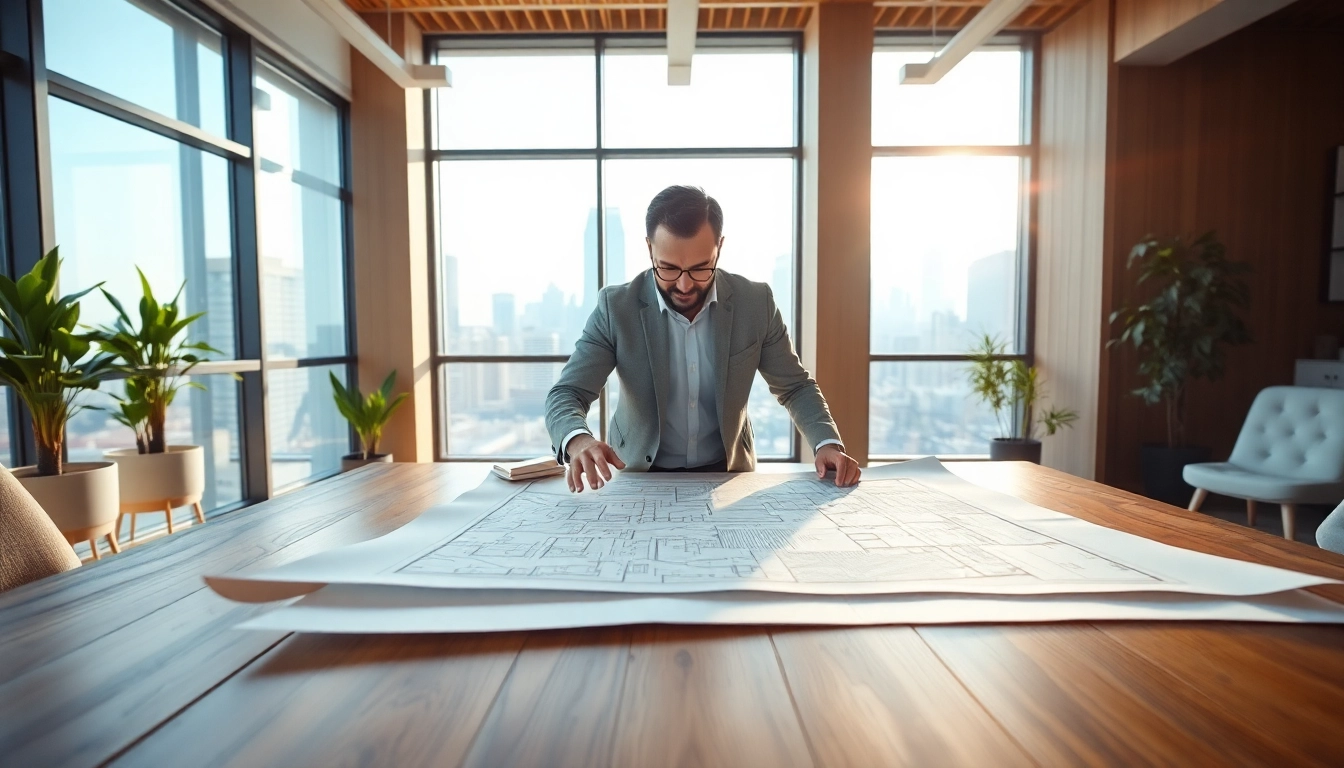 Real Estate Developer analyzing architectural plans in a bright office environment.