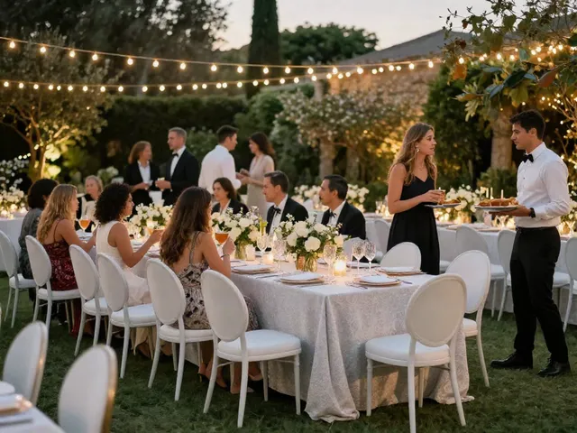 Event furniture rental arrangement at a luxurious outdoor gala with elegant dining setup and beautiful ambiance.