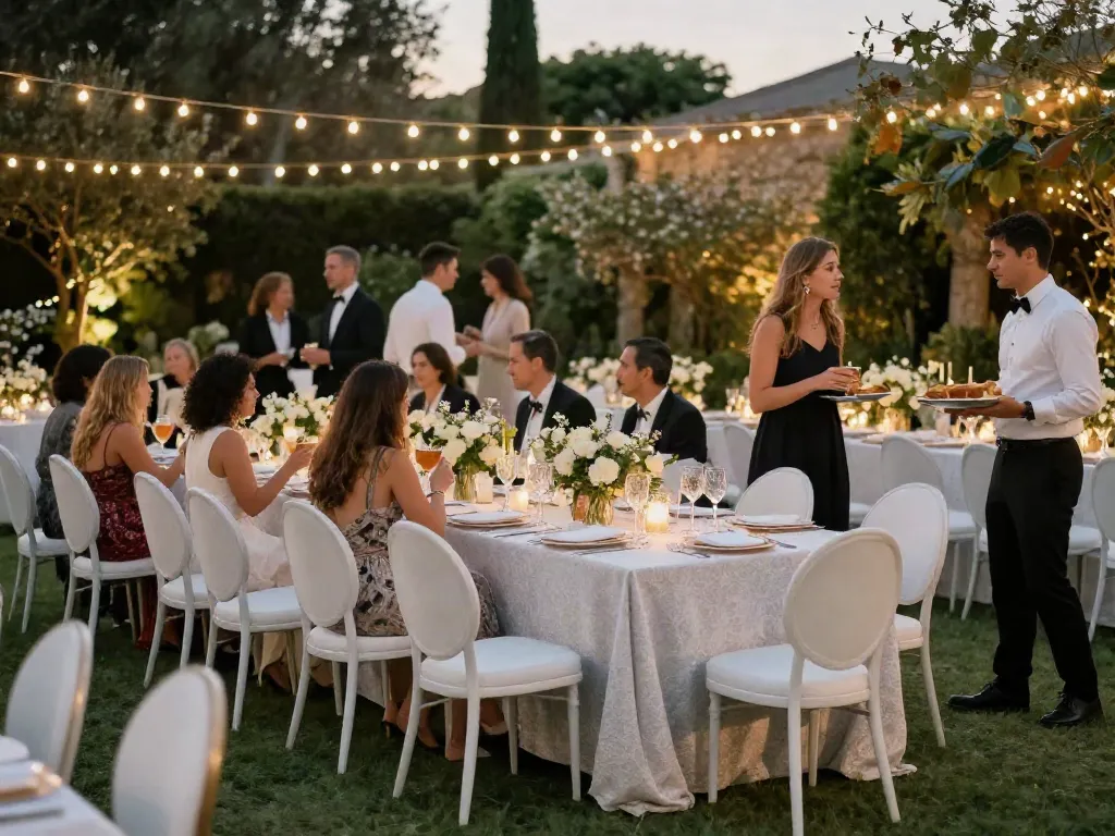 Event furniture rental arrangement at a luxurious outdoor gala with elegant dining setup and beautiful ambiance.