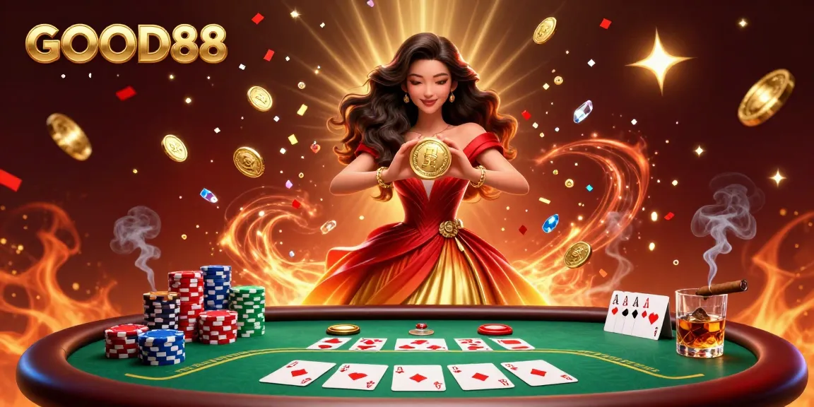 Experience the excitement of GOOD88 Casino with dynamic casino elements and a stunning illustration.