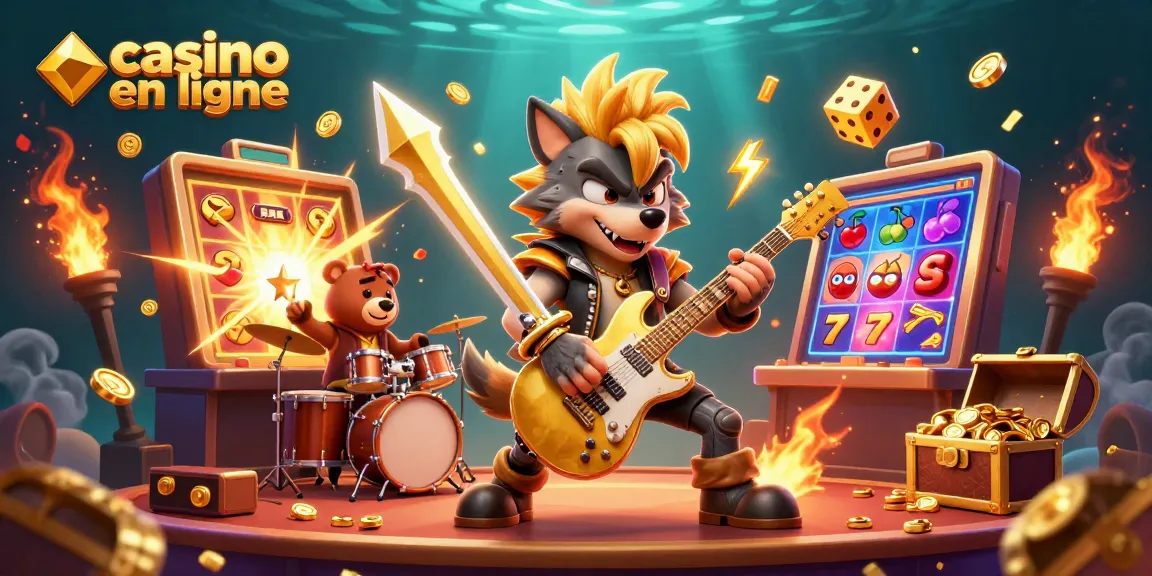 Profitez de l'action des jeux de casino en ligne avec cette illustration énergétique mettant en scène un loup rock star et un ours batteur.