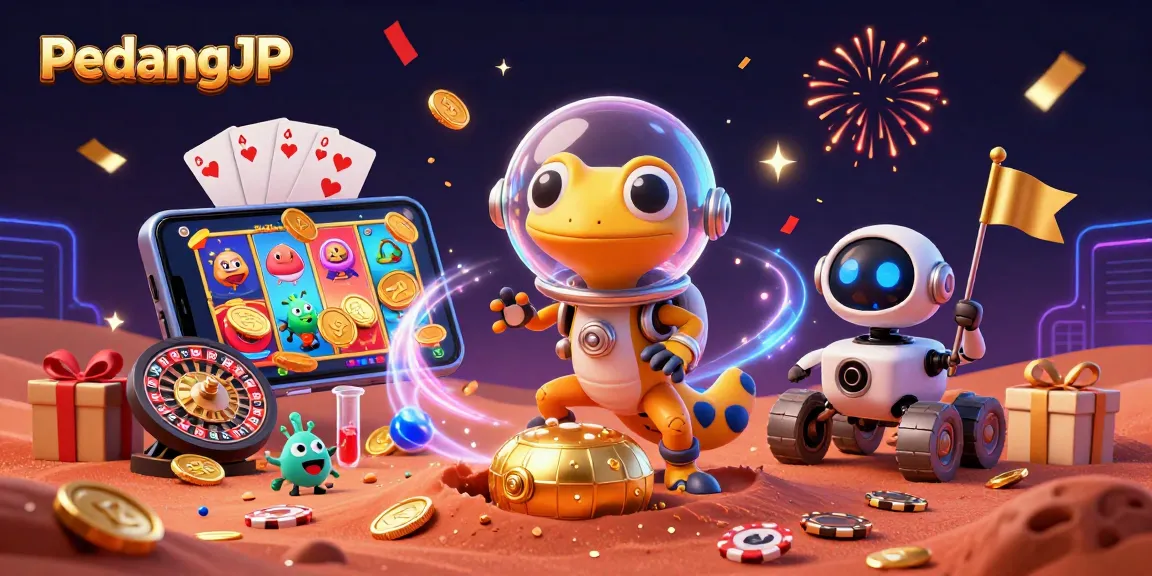 Permainan slot PedangJP menampilkan keceriaan karakter alien dan rover robot dalam suasana kasino.