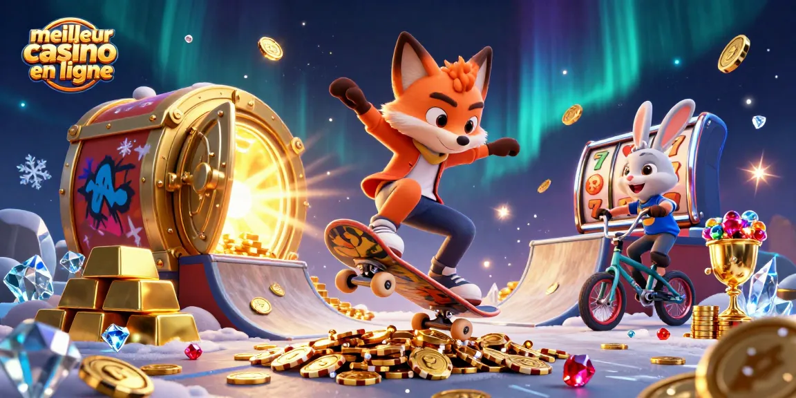Découvrez le meilleur casino en ligne avec un renard faisant un kickflip sur des jetons dorés