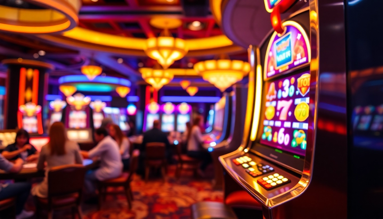 Putar daftar apk slot dengan mesin slot berwarna-warni di kasino yang ramai.