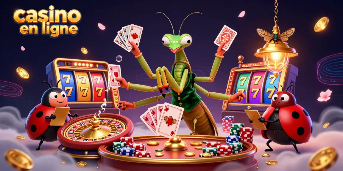 Des jeux captivants au casino en ligne, avec un caméléon géant et une coccinelle, ambiance festive.