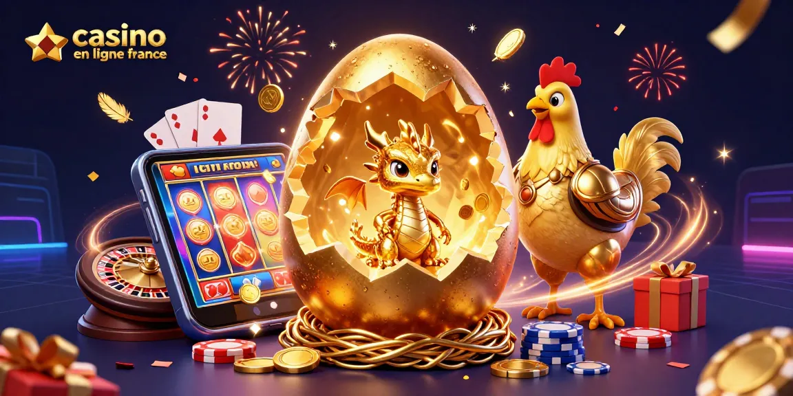 Illustration captivante du dragon doré et du casino en ligne France avec des éléments de jeu éparpillés.