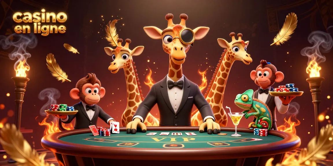 Visitez un casino en ligne et appréciez la scène animée avec une girafe haut de gamme au poker, un valet singe et un barman caméléon.